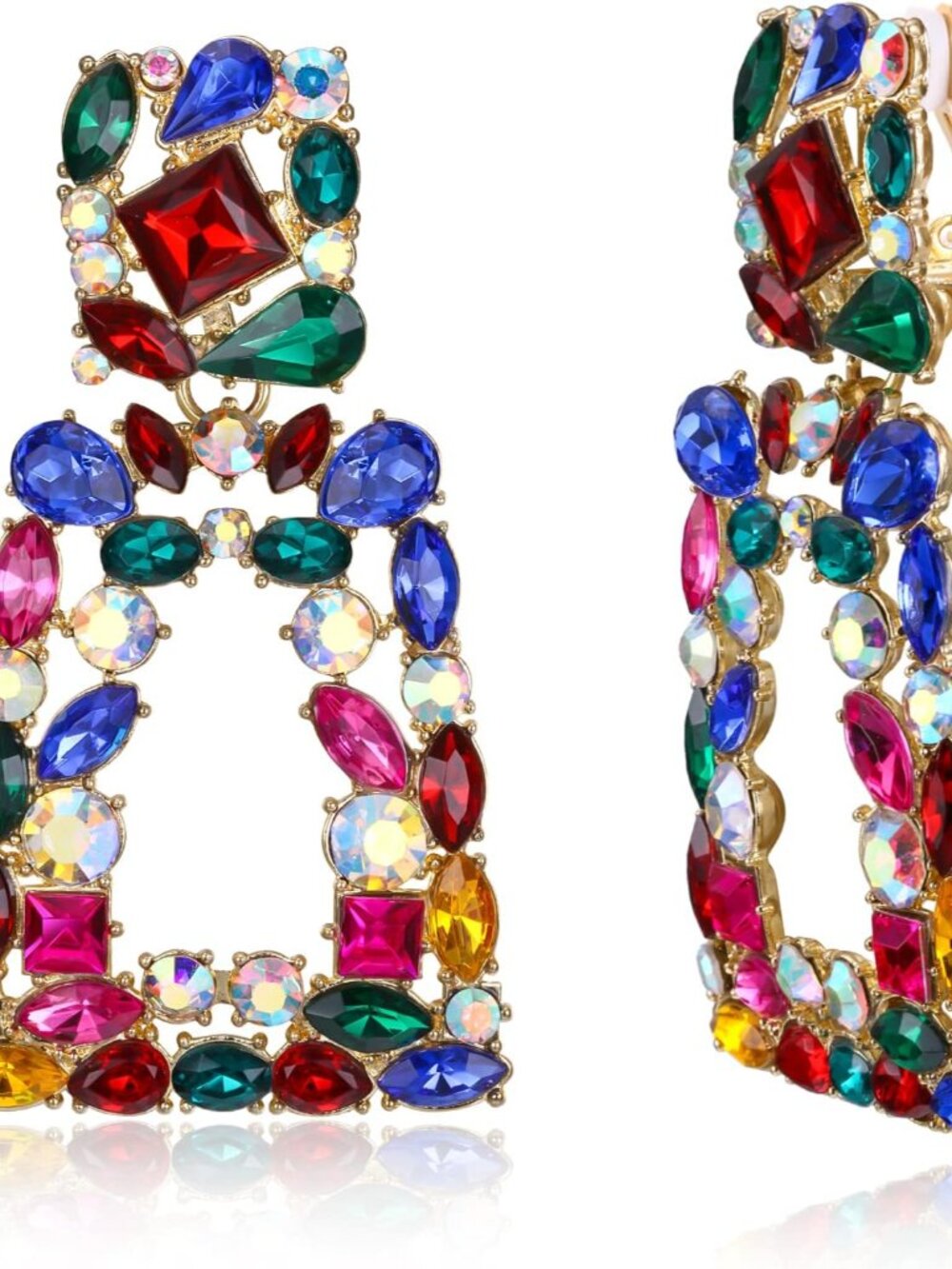 Rectangle Clip-on Drop Earrings for Women, Sparkly Rhinestone Crystal Geometric